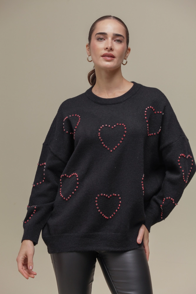 9036652 - Blusa Tricô Detalhe Corações  PRETO