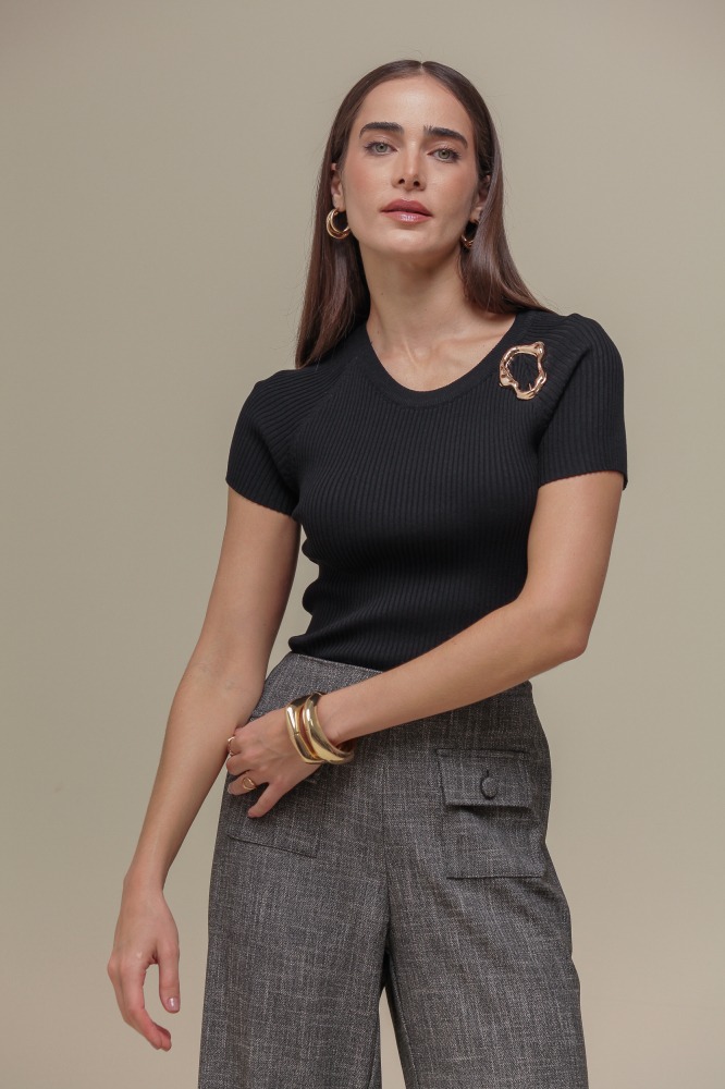 9036660 - Blusa Tricô Detalhe Orgânico PRETO 9036660 - Blusa Tricô Detalhe Orgânico PRETO
