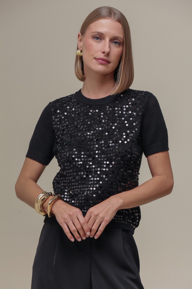9036318 - Blusa Tricô Detalhe Paetê PRETO 9036318 - Blusa Tricô Detalhe Paetê PRETO
