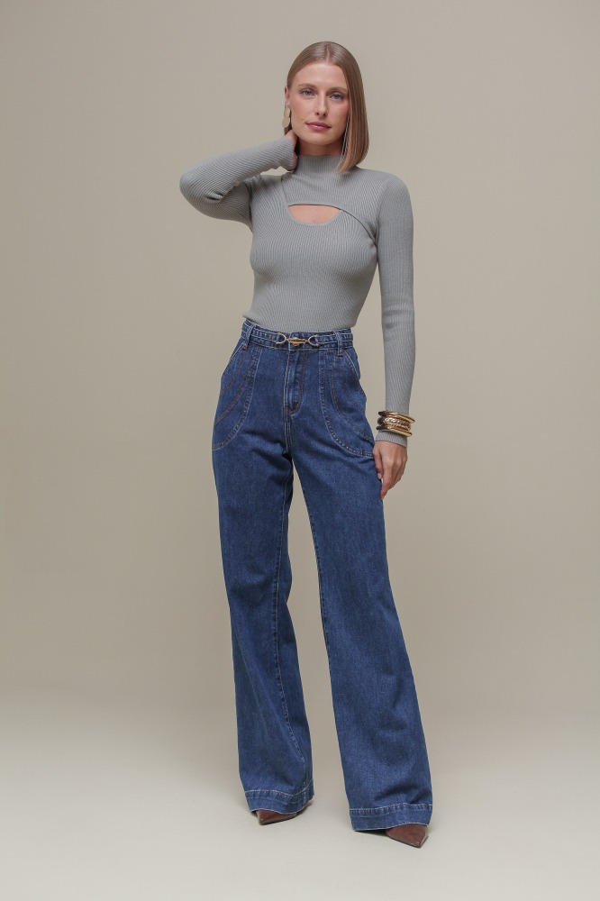 9036398 - Blusa Tricô Gola Alta Decote Assimétrico CINZA 9036398 - Blusa Tricô Gola Alta Decote Assimétrico CINZA