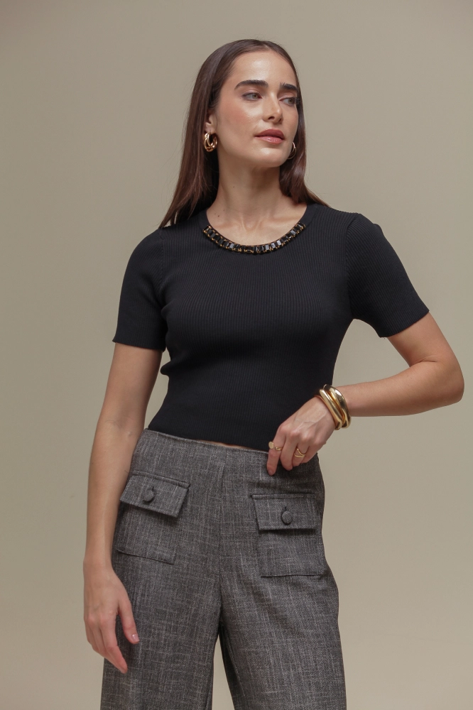 9036669 - Blusa Tricô Pedrarias PRETO