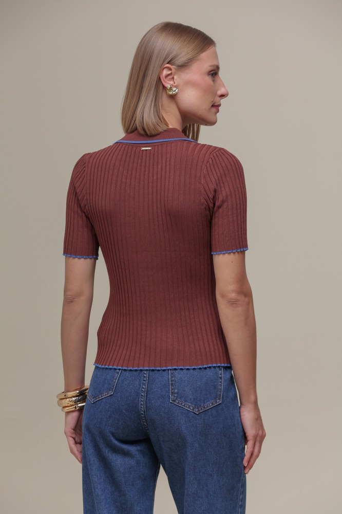 9036314 - Blusa Tricô Polo Bicolor MARROM 9036314 - Blusa Tricô Polo Bicolor MARROM