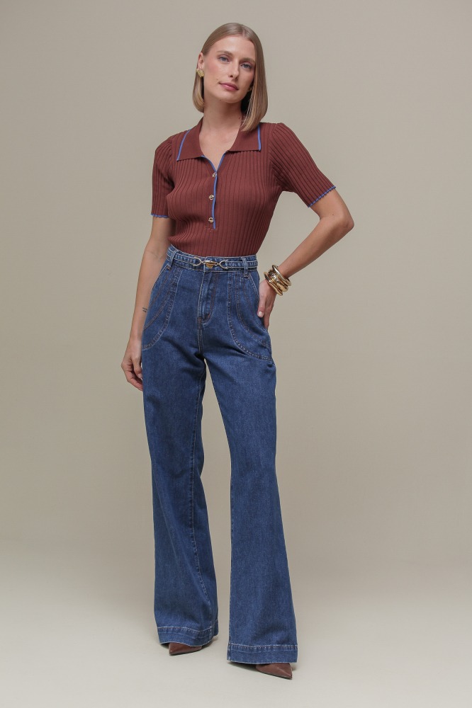 9036314 - Blusa Tricô Polo Bicolor MARROM 9036314 - Blusa Tricô Polo Bicolor MARROM