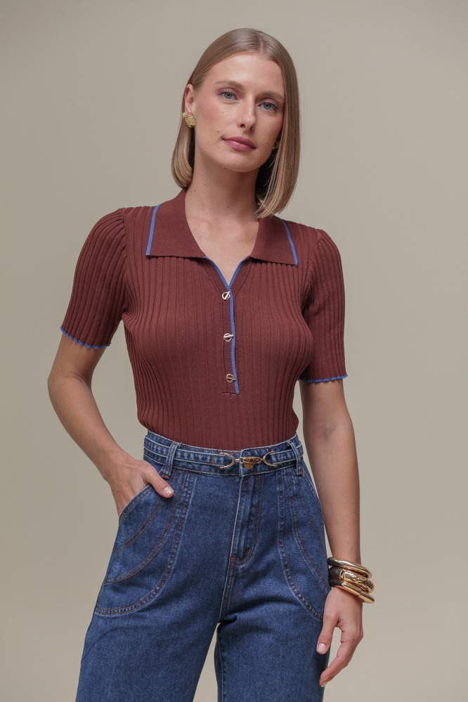 9036314 - Blusa Tricô Polo Bicolor MARROM 9036314 - Blusa Tricô Polo Bicolor MARROM