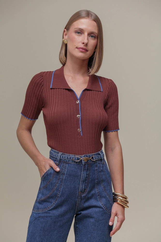 9036314 - Blusa Tricô Polo Bicolor MARROM