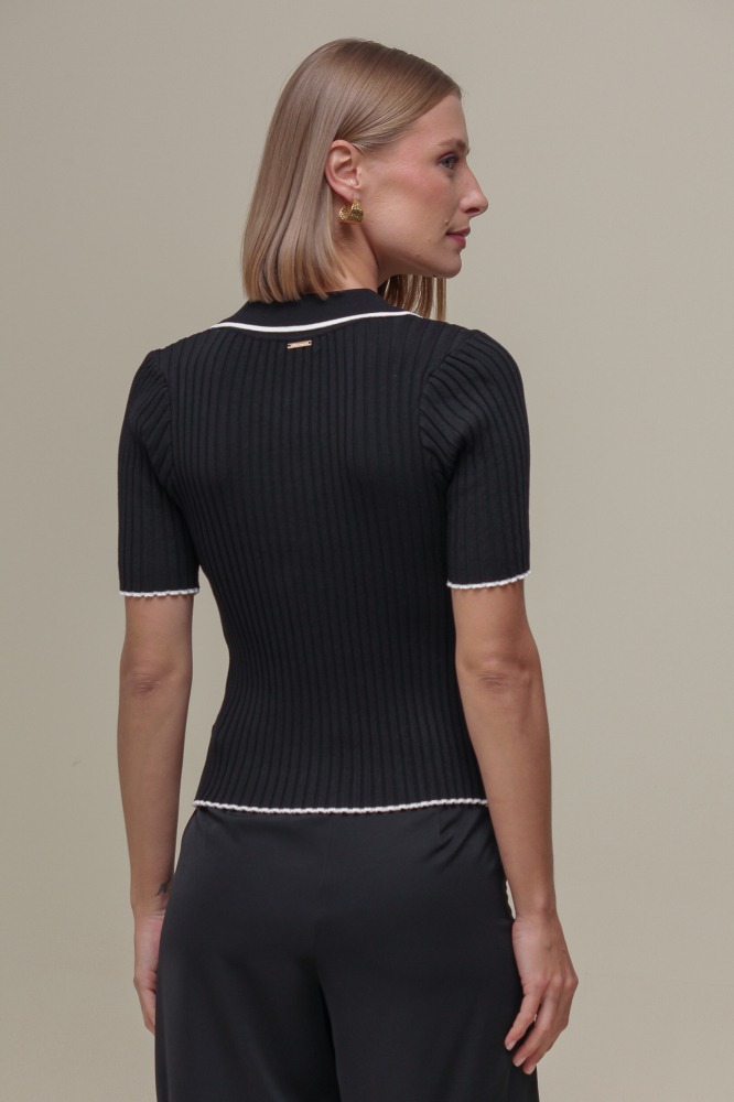 9036314 - Blusa Tricô Polo Bicolor PRETO 9036314 - Blusa Tricô Polo Bicolor PRETO