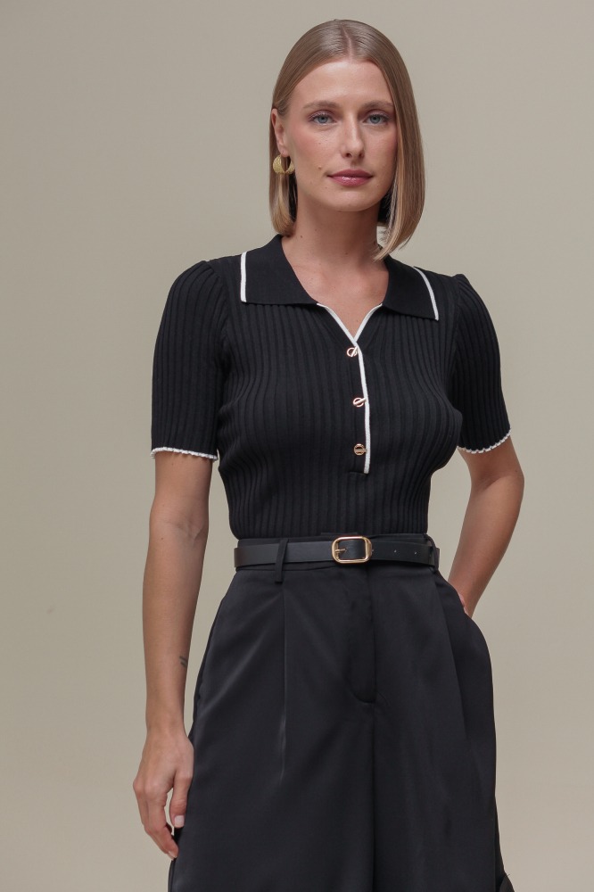 9036314 - Blusa Tricô Polo Bicolor PRETO 9036314 - Blusa Tricô Polo Bicolor PRETO