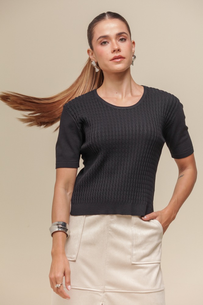 9036742 - Blusa Tricô Trançado Frente PRETO 9036742 - Blusa Tricô Trançado Frente PRETO