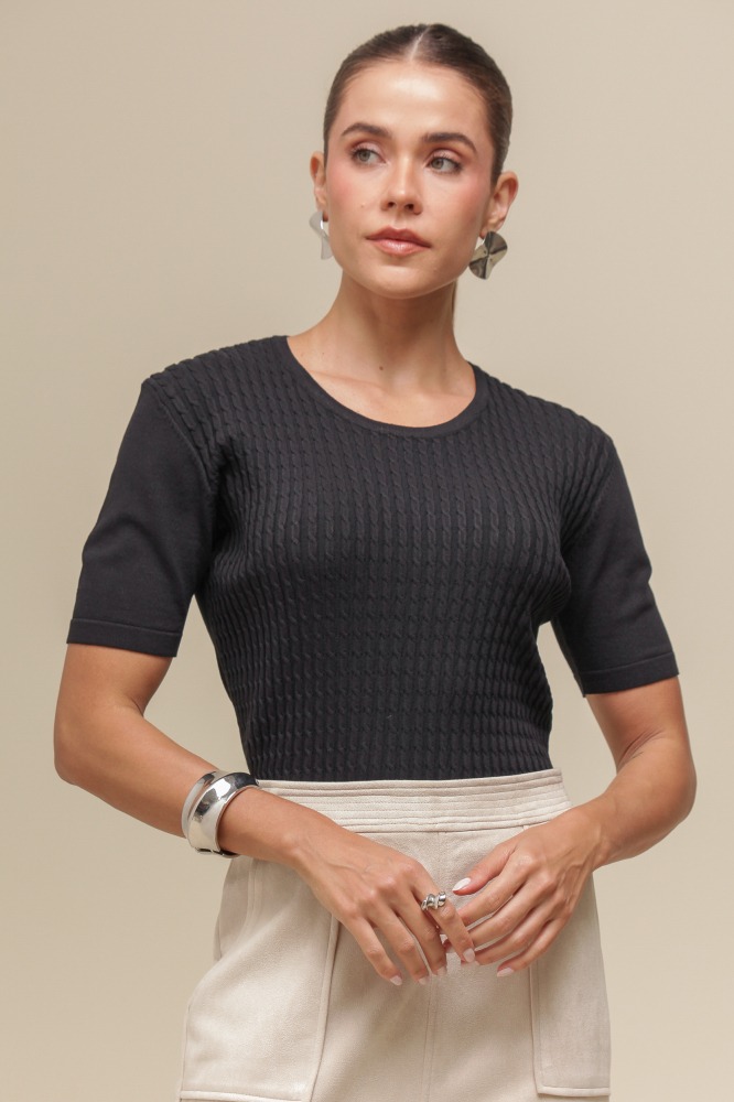 9036742 - Blusa Tricô Trançado Frente PRETO 9036742 - Blusa Tricô Trançado Frente PRETO