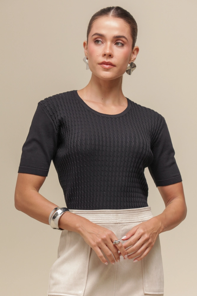 9036742 - Blusa Tricô Trançado Frente  PRETO