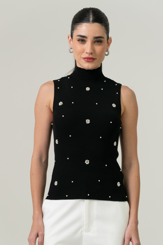 9038608 - Blusa Tricot Flores Pérolas E Strass PRETO 9038608 - Blusa Tricot Flores Pérolas E Strass PRETO