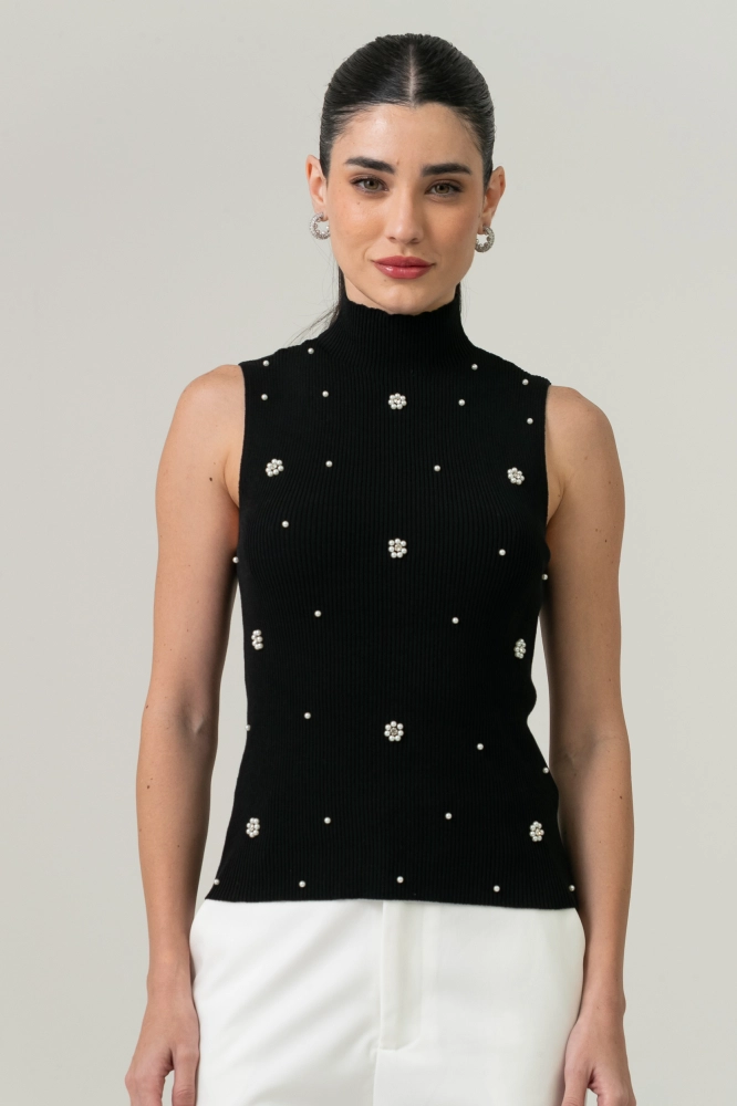 9038608 - Blusa Tricot Flores Pérolas E Strass PRETO 9038608 - Blusa Tricot Flores Pérolas E Strass PRETO - Imagem 2