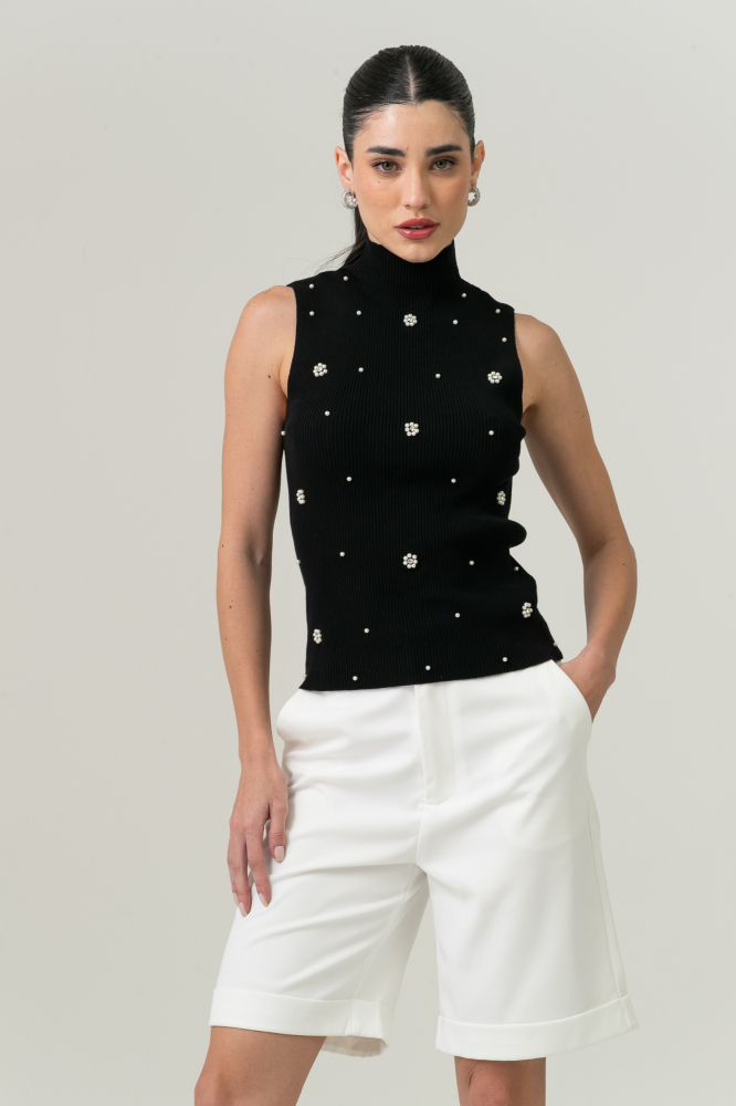 9038608 - Blusa Tricot Flores Pérolas E Strass PRETO 9038608 - Blusa Tricot Flores Pérolas E Strass PRETO