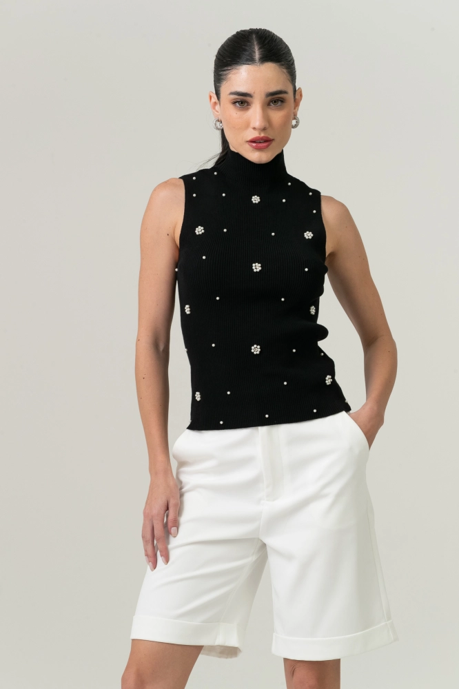 9038608 - Blusa Tricot Flores Pérolas E Strass PRETO 9038608 - Blusa Tricot Flores Pérolas E Strass PRETO - Imagem 1