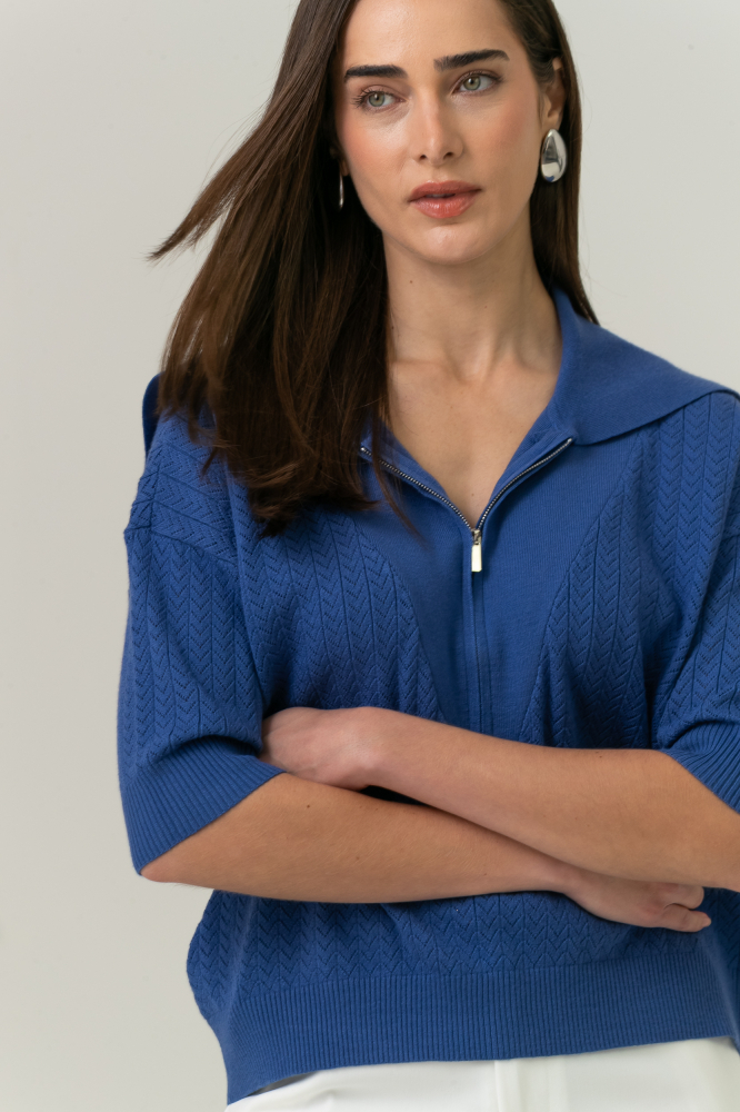 9038534 - Blusa Tricot Gola Ampla E Zíper AZUL 9038534 - Blusa Tricot Gola Ampla E Zíper AZUL