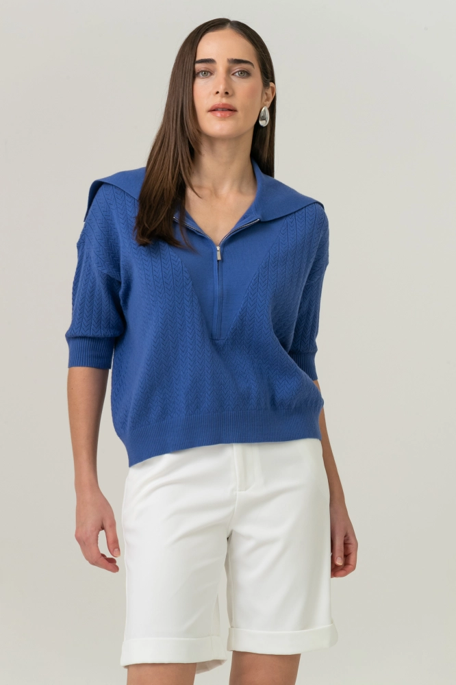 9038534 - Blusa Tricot Gola Ampla E Zíper AZUL 9038534 - Blusa Tricot Gola Ampla E Zíper AZUL - Imagem 1