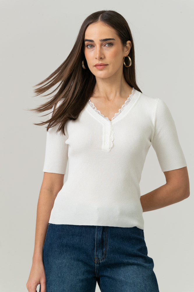 9038796 - Blusa Tricot Manga Curta Com Renda OFF-WHITE 9038796 - Blusa Tricot Manga Curta Com Renda OFF-WHITE