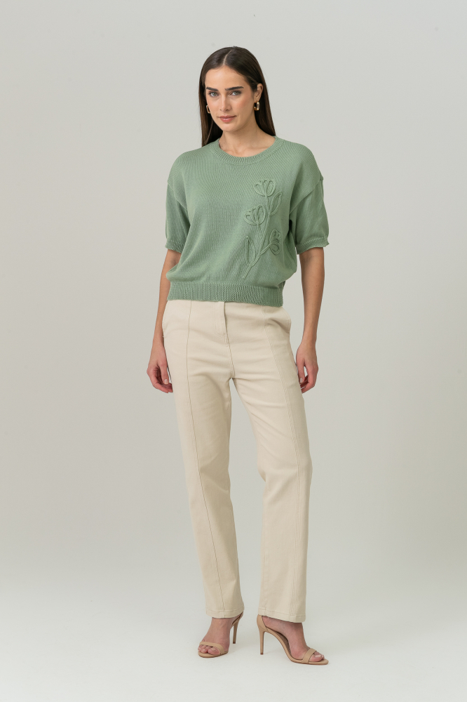 9038712 - Blusa Tricot Manga Curta Flor Bordada VERDE 