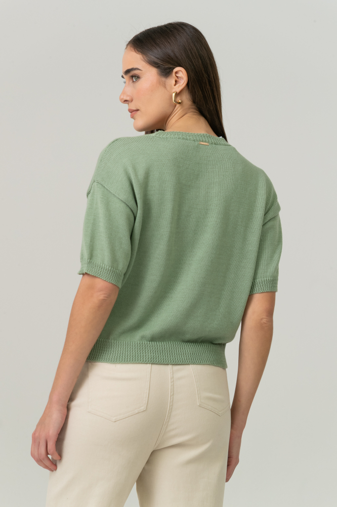 9038712 - Blusa Tricot Manga Curta Flor Bordada VERDE 9038712 - Blusa Tricot Manga Curta Flor Bordada VERDE