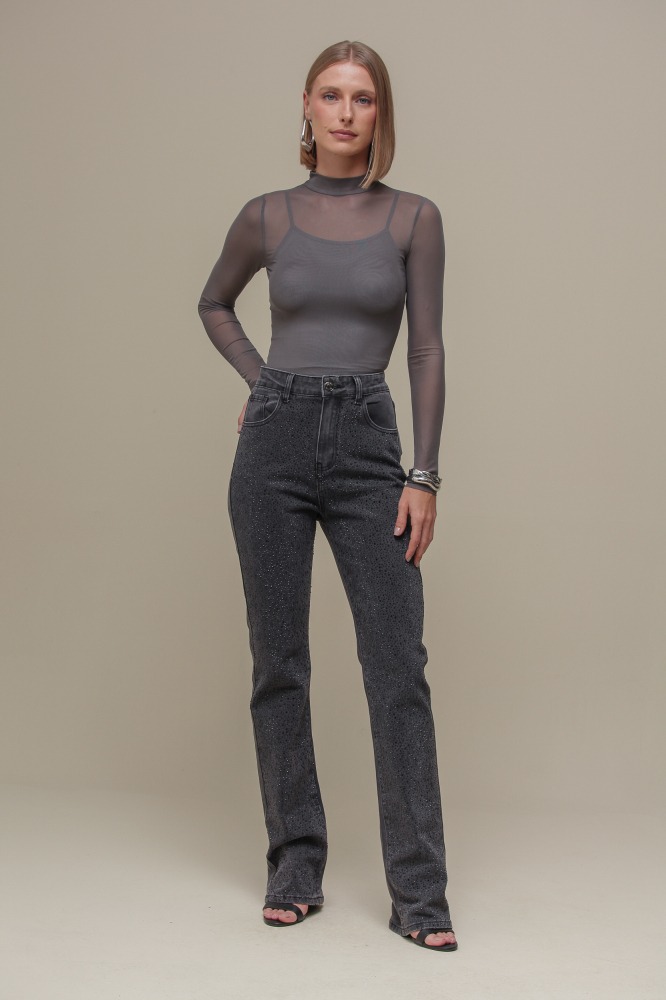 9036729 - Calça Jeans Reta com Brilhos PRETO