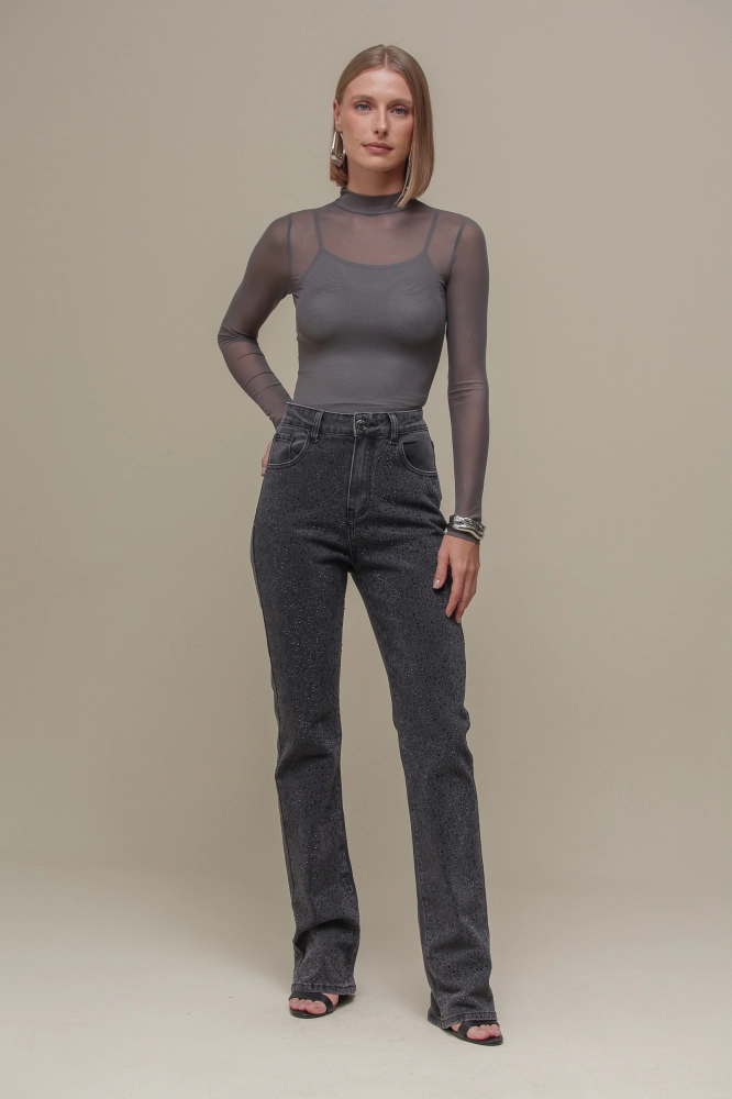 9036729 - Calça Jeans Reta com Brilhos PRETO