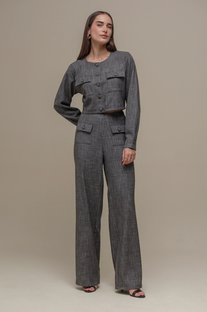 9036385 - Calça Reta Tweed Botões  PRETO