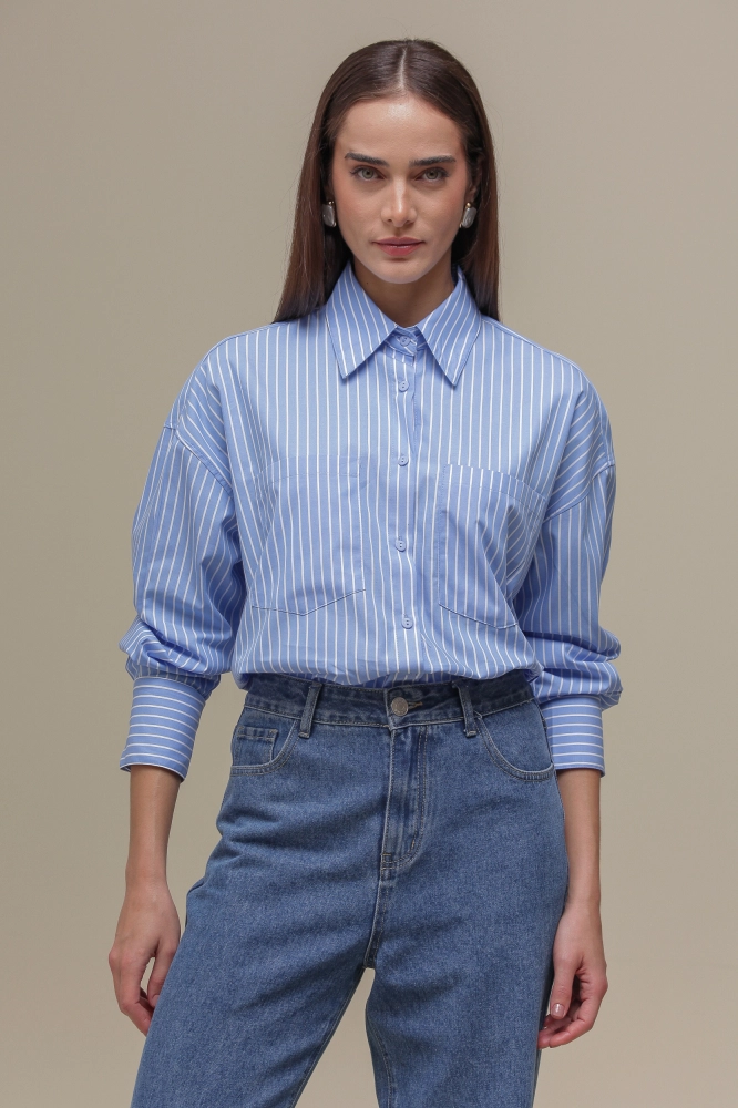 9036702 - Camisa Basic Over Listras  AZUL