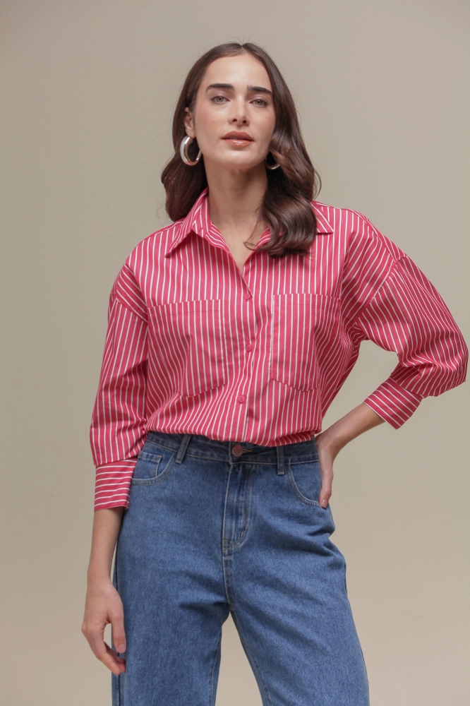 9036702 - Camisa Basic Over Listras  VERMELHO
