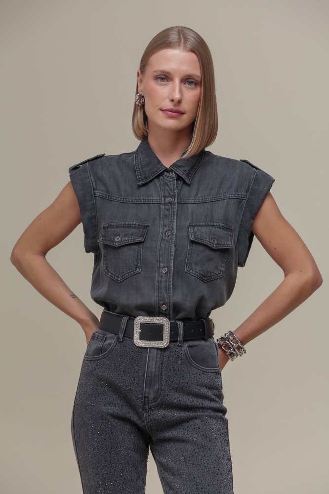 9036529 - Camisa Chambray Social Manga Curta CINZA 9036529 - Camisa Chambray Social Manga Curta CINZA