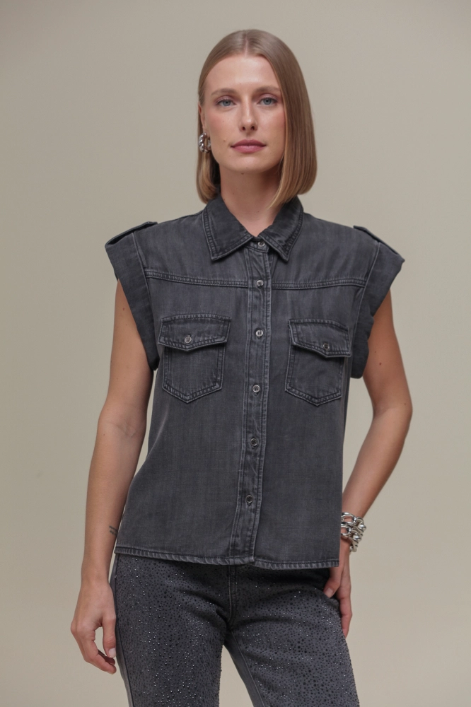 9036529 - Camisa Chambray Social Manga Curta  CINZA