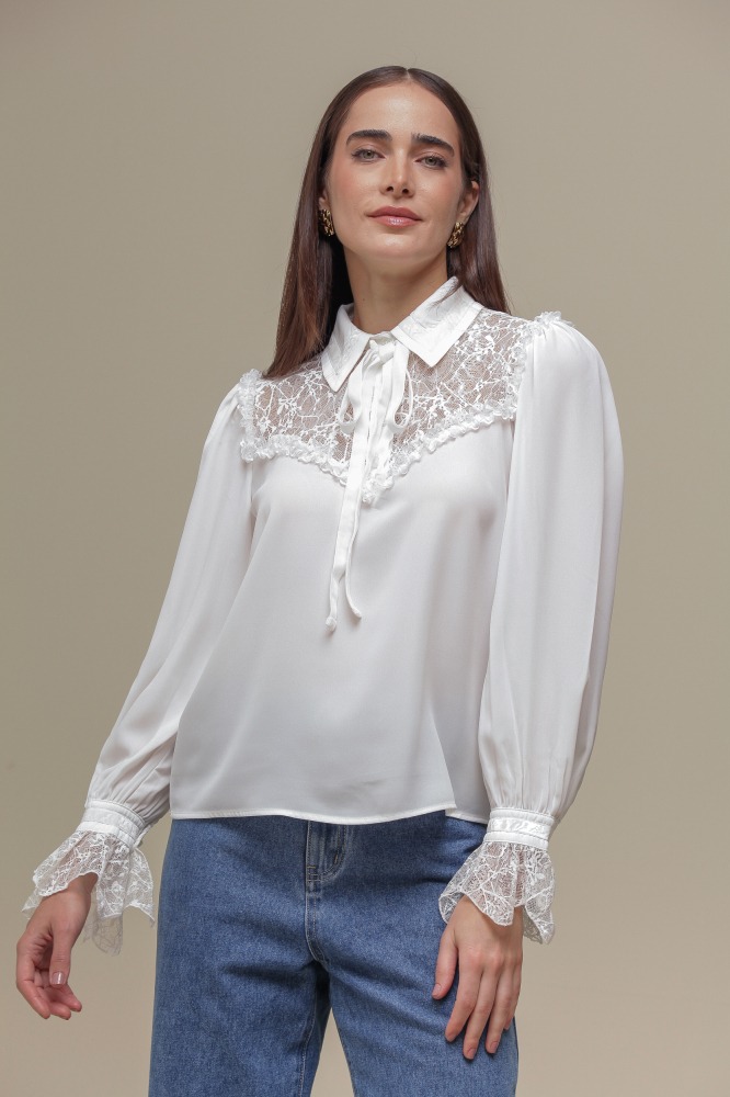 9036510 - Camisa Chiffon com Detalhe em Renda OFF-WHITE