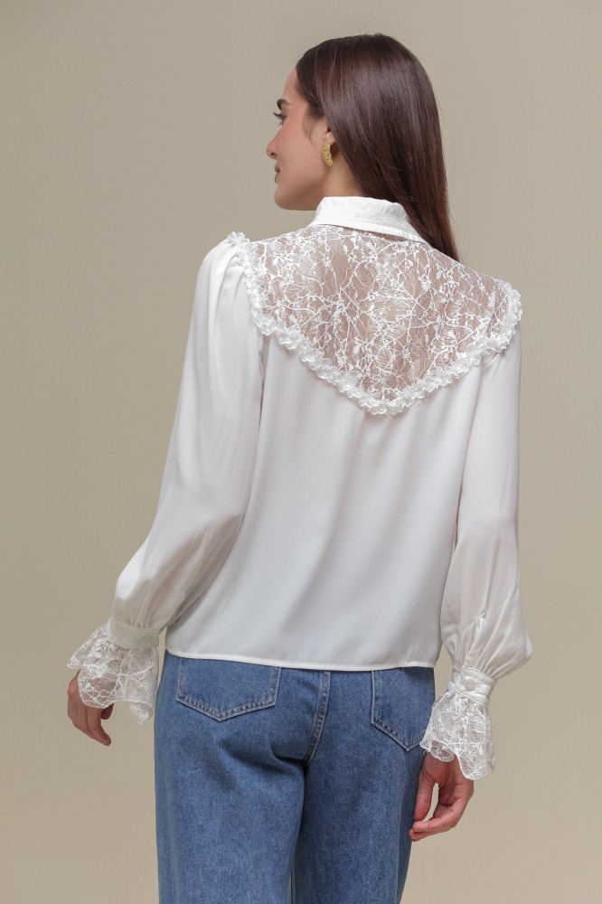 9036510 - Camisa Chiffon com Detalhe em Renda OFF-WHITE