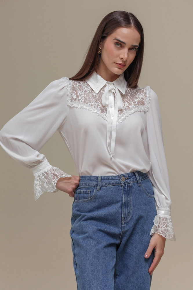 9036510 - Camisa Chiffon com Detalhe em Renda OFF-WHITE