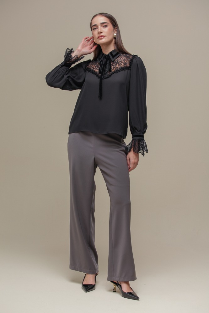 9036510 - Camisa Chiffon com Detalhe em Renda PRETO 9036510 - Camisa Chiffon com Detalhe em Renda PRETO