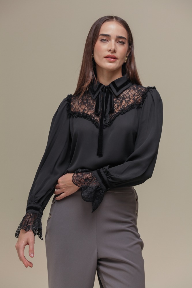 9036510 - Camisa Chiffon com Detalhe em Renda PRETO 9036510 - Camisa Chiffon com Detalhe em Renda PRETO