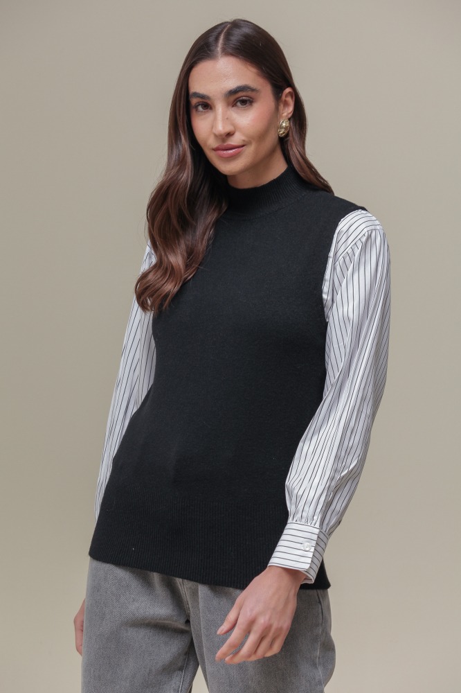 9036846 - Camisa com Colete de Tricô Gola Alta PRETO