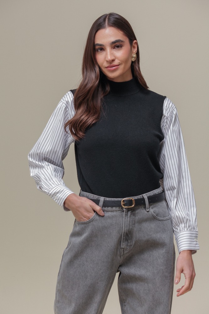 9036846 - Camisa com Colete de Tricô Gola Alta PRETO