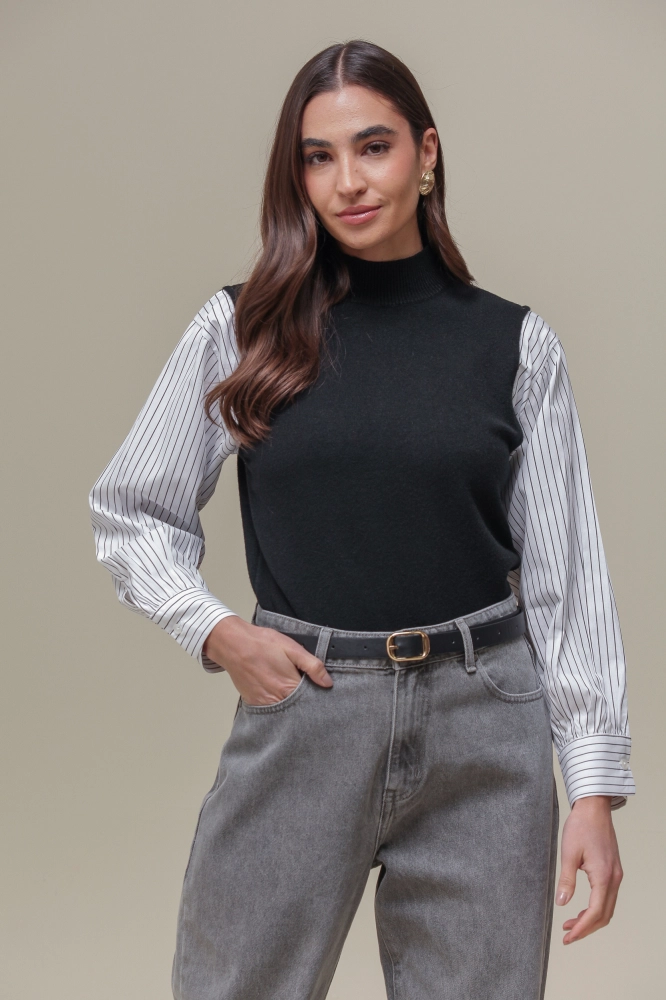 9036846 - Camisa com Colete de Tricô Gola Alta PRETO