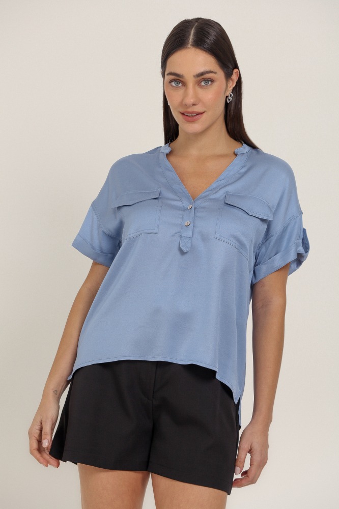 9037002 - Camisa Manga Curta Gola V Com Bolsos AZUL
