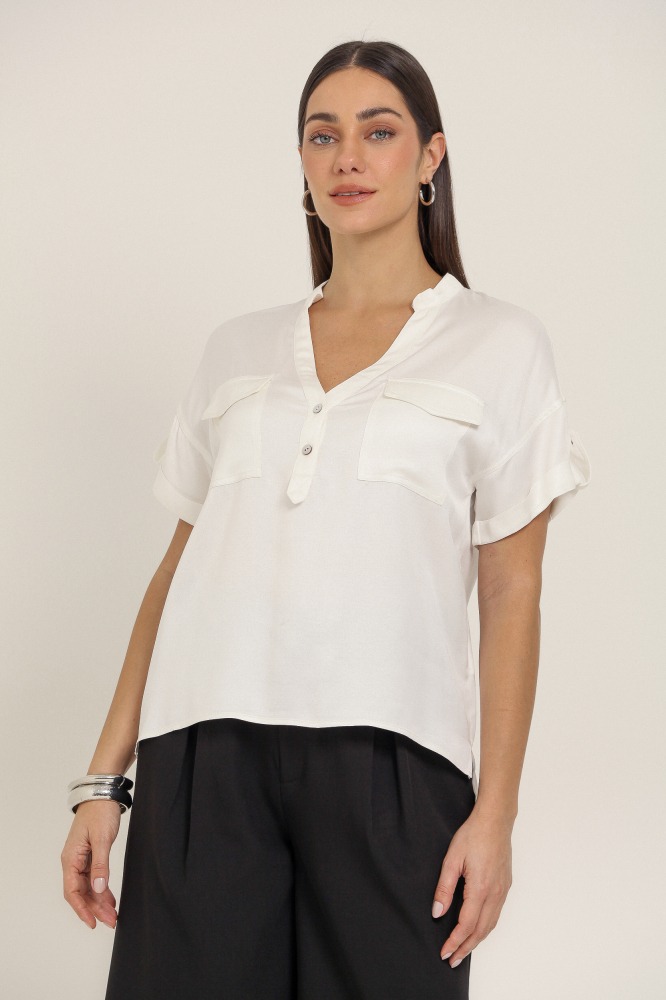 9037002 - Camisa Manga Curta Gola V Com Bolsos OFF-WHITE