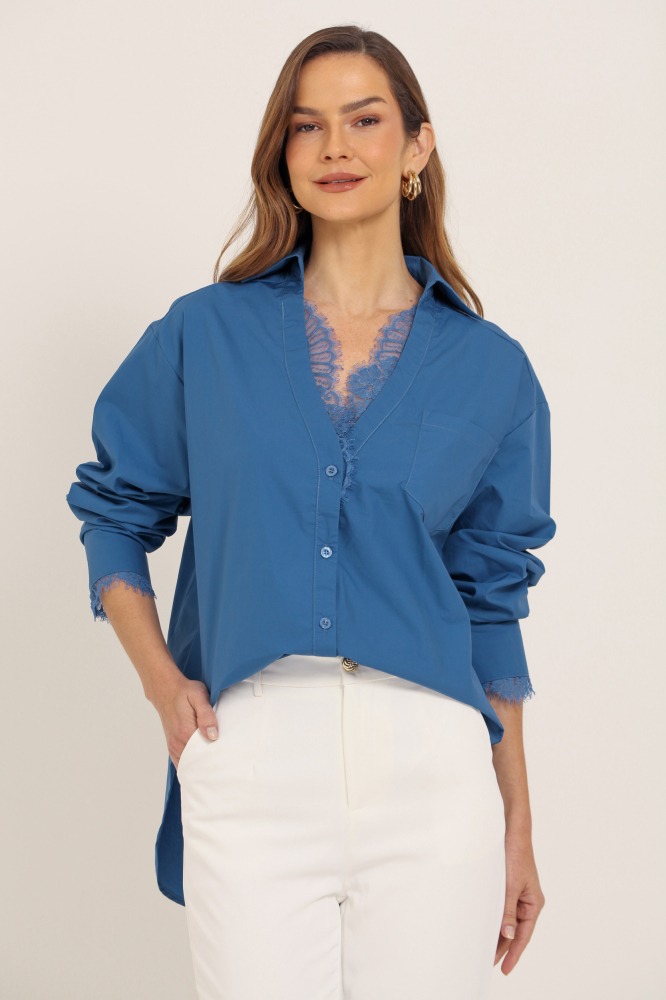 9037731 - Camisa Manga Longa Decote E Punho De Renda  AZUL