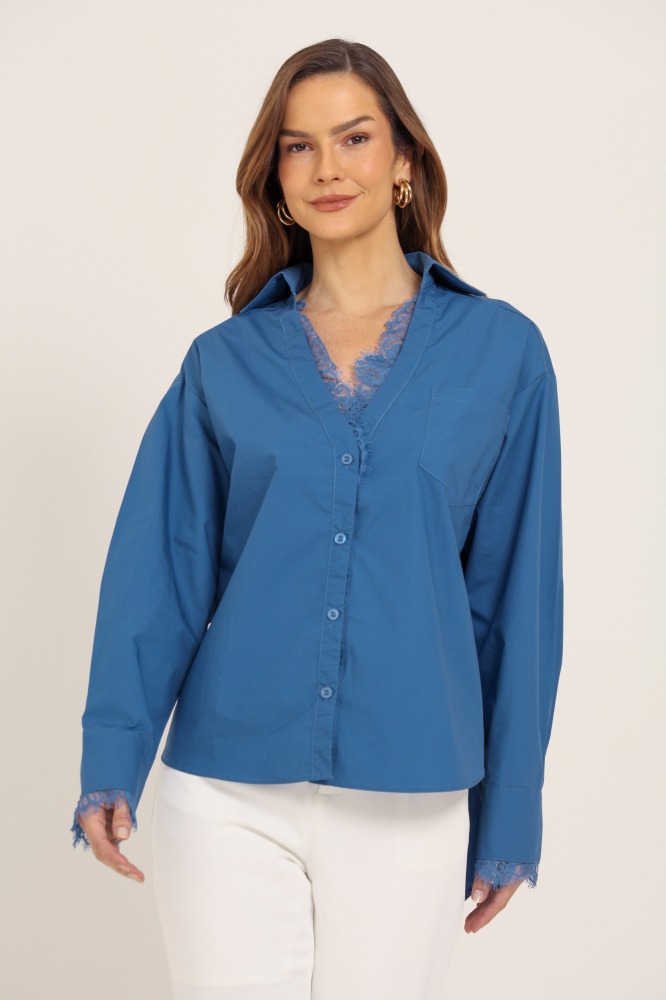 9037731 - Camisa Manga Longa Decote E Punho De Renda  AZUL