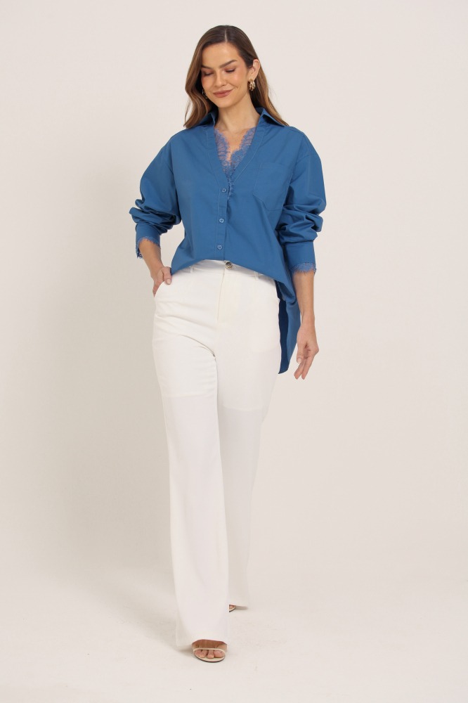 9037731 - Camisa Manga Longa Decote E Punho De Renda  AZUL