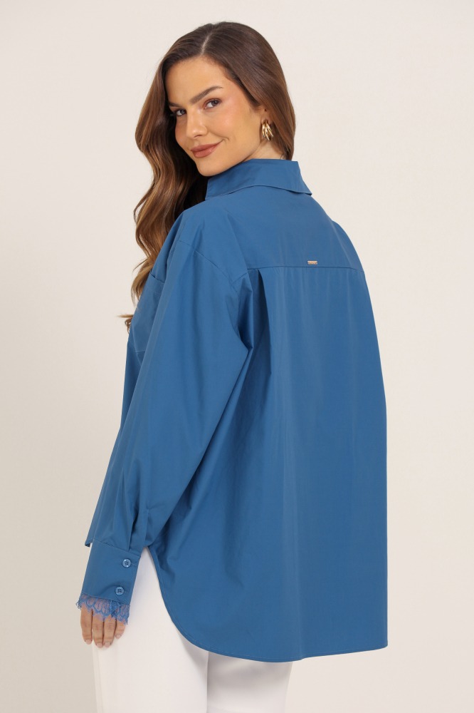 9037731 - Camisa Manga Longa Decote E Punho De Renda  AZUL