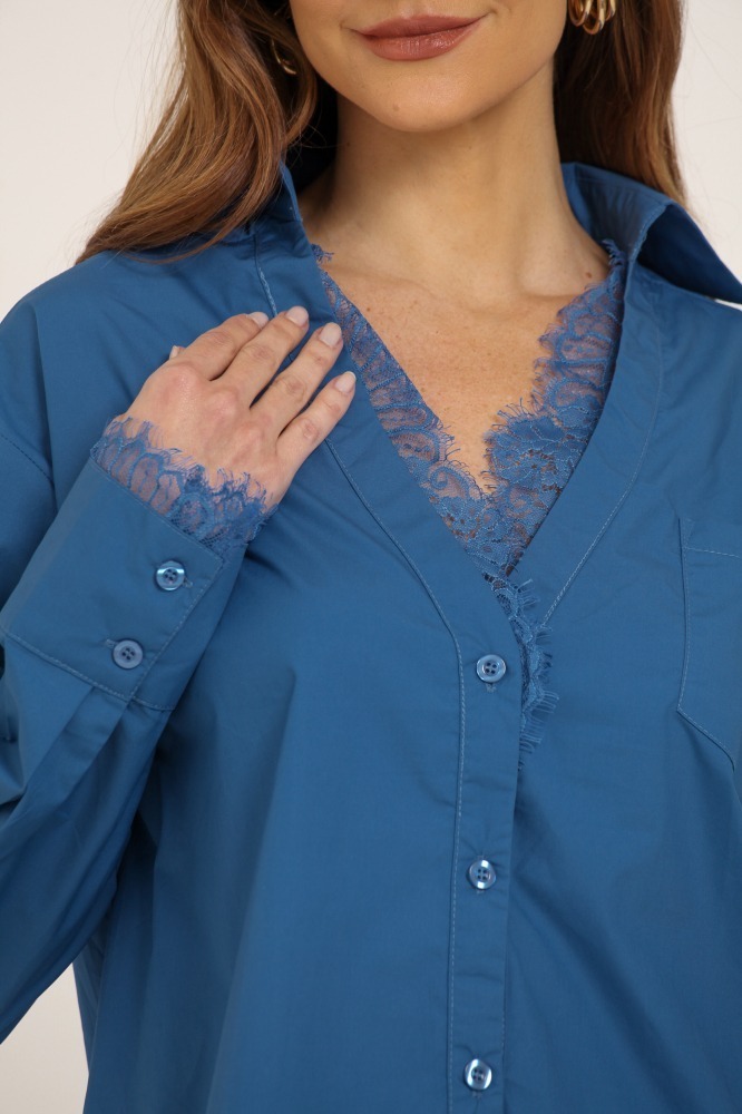 9037731 - Camisa Manga Longa Decote E Punho De Renda  AZUL