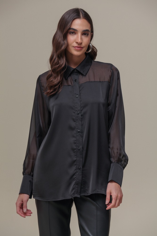 9036505 - Camisa Social Acetinada com Detalhe em Tafetá PRETO 9036505 - Camisa Social Acetinada com Detalhe em Tafetá PRETO