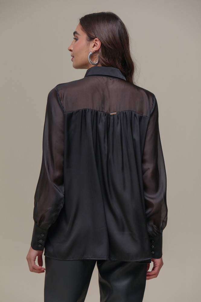 9036505 - Camisa Social Acetinada com Detalhe em Tafetá PRETO 9036505 - Camisa Social Acetinada com Detalhe em Tafetá PRETO