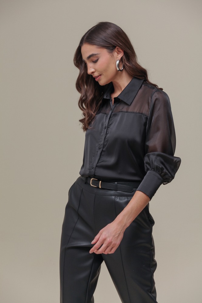 9036505 - Camisa Social Acetinada com Detalhe em Tafetá PRETO 9036505 - Camisa Social Acetinada com Detalhe em Tafetá PRETO
