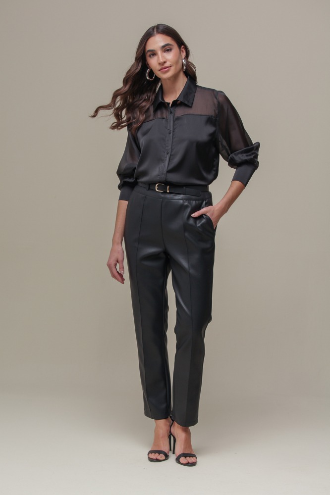 9036505 - Camisa Social Acetinada com Detalhe em Tafetá PRETO 9036505 - Camisa Social Acetinada com Detalhe em Tafetá PRETO