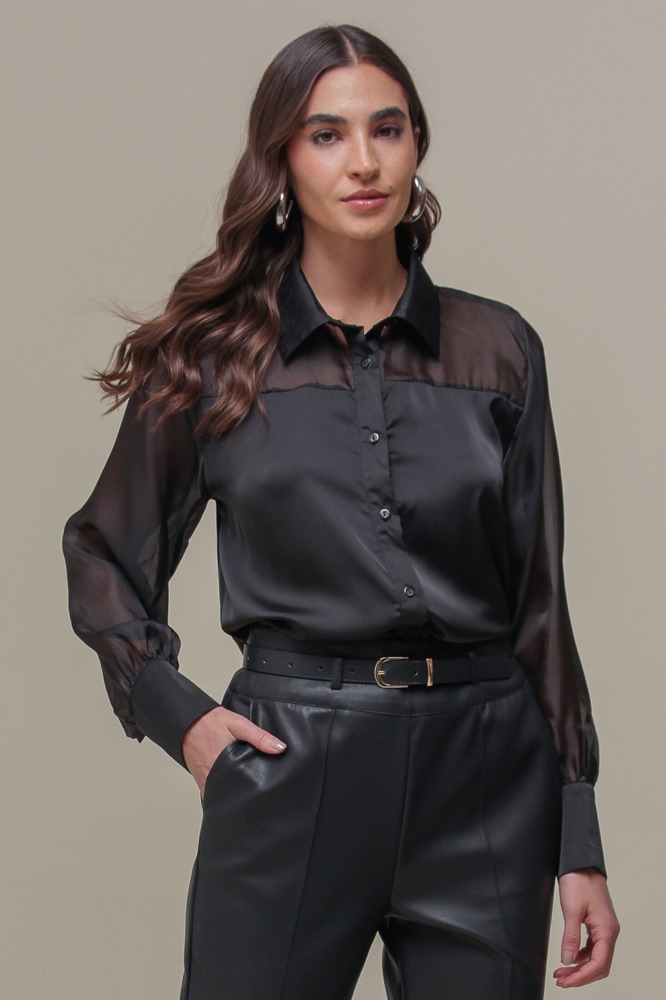 9036505 - Camisa Social Acetinada com Detalhe em Tafetá PRETO 9036505 - Camisa Social Acetinada com Detalhe em Tafetá PRETO